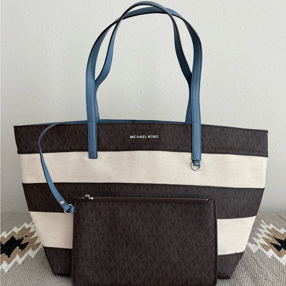 Michael Kors Striped Brown and Cream Tote with Blue Accents